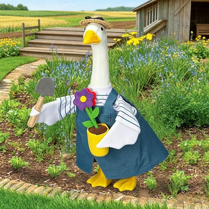 Gardener Goose Outfit, Fits Large 23" Goose Statue,Porch Goose Clothes with Hat, Flower Pot and Tiny Shovel Design, for Spring Summer Outdoor Garden Decor