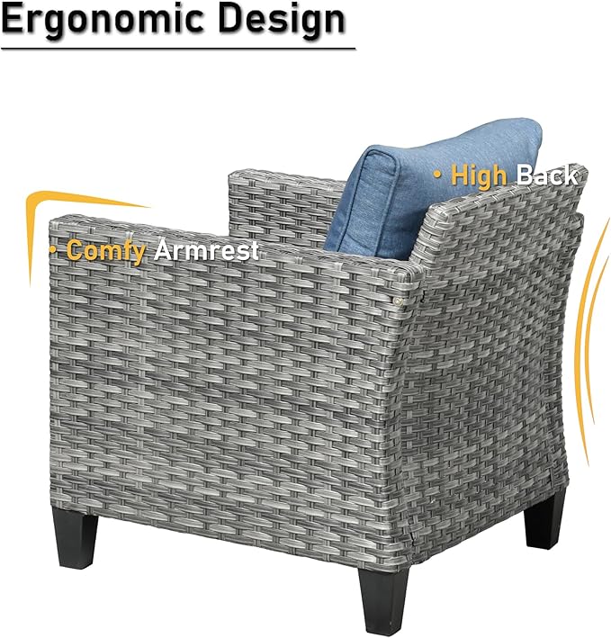 HOOOWOOO Wicker Patio Conversation Sets,7 Piece Outdoor Furniture Set with Ottoman,All Weather Resistant Modern Outside Out Door Rattan Couch Chairs Set,Denim Blue