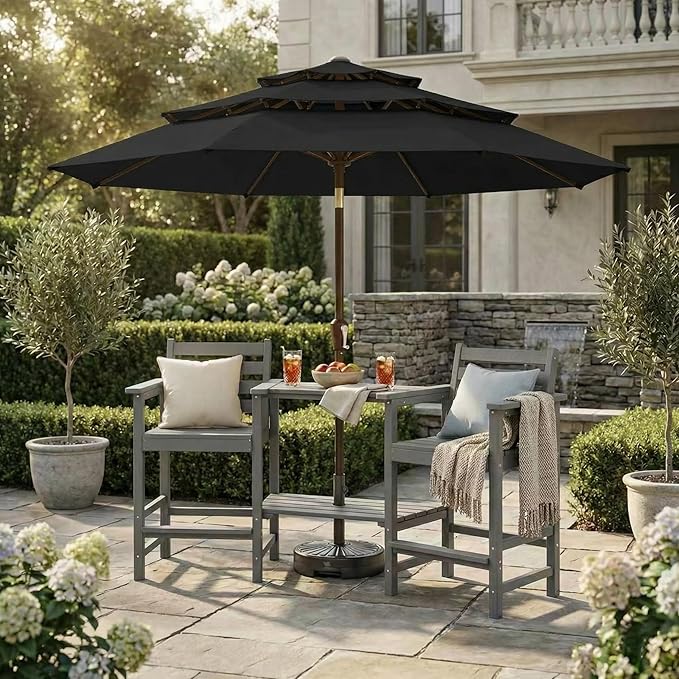Kingdura 10ft 3-Tier Patio Umbrella, Outdoor Table Umbrella with Easy Crank & Tilt, 8 Reinforced Ribs, UV Protection for Deck, Pool, Market, Backyard (Black)