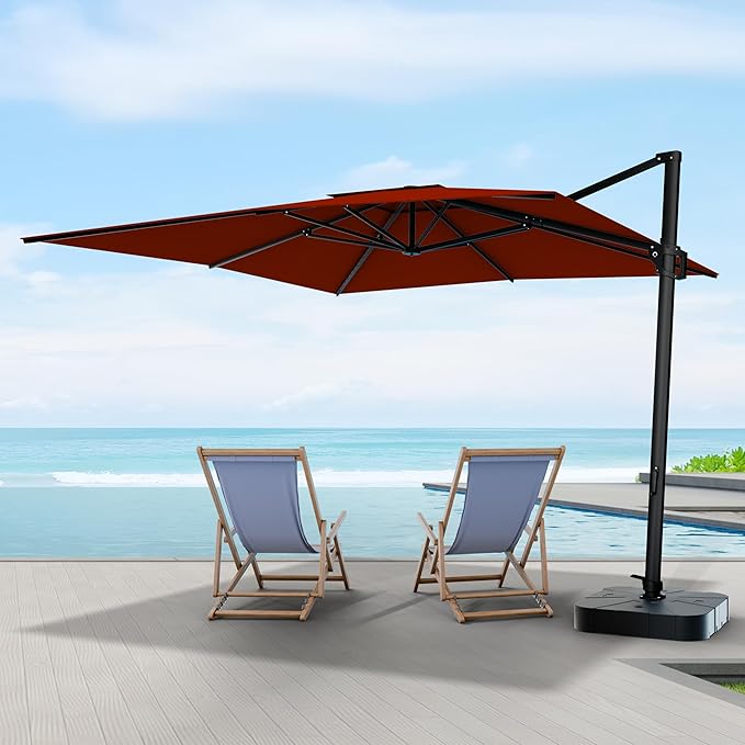 Midtown Umbrellas The Grande Square 9 x 9 FT Outdoor Cantilever Patio Umbrella w/Terylast Apple (Red) Polyester Fabric - 8 Rib Aluminum Frame Offset w/Tilt & 360° Rotate Pedal System - Black Frame