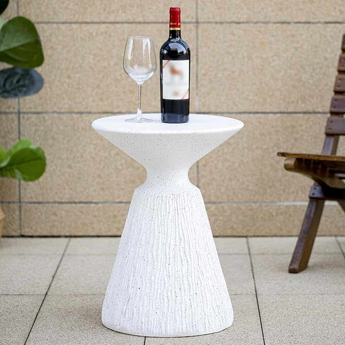 Polibi Retro Speckled MGO Side Table, All-Weather White Marble Textured End Table with Vertical Pedestal, Bohemian Outdoor Accent Table for Patio, Garden, Living Room and Office, Weather Resistant