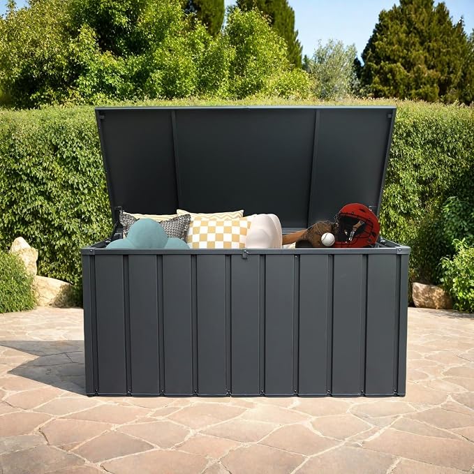 ChicFurnit Outdoor Storage Box, 120 Gallon Deck Box with Lockable Metal Lid & Portable Side Handles, Outdoor Storage Bin with Stable Support Rod, Soft Close Mechanism & Mobility Rollers, Dark Gray