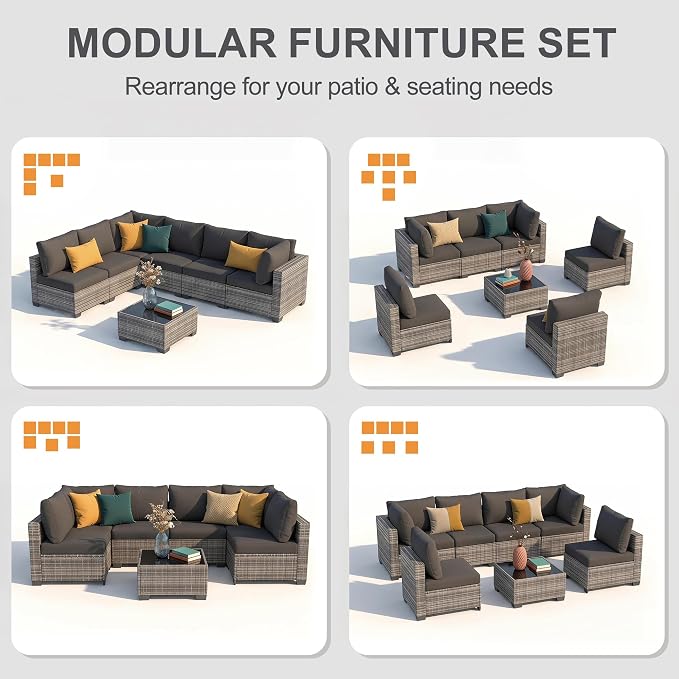 7-Piece Modular Outdoor Sectional Wicker Patio Furniture Set | All-Weather Conversation Set w/ Glass Coffee Table for Backyard, Garden, Poolside (Grey PE Rattan + Grey Cushions)
