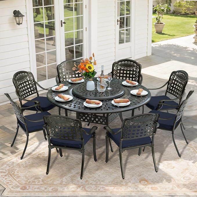 9-Piece Patio Furniture Dining Set, All Weather Cast Aluminum Outdoor Conversation Set- 61" Round Patio Dining Table with Detachable Lazy Susan & 8 Chairs, 2" Umbrella Hole, Navy Blue