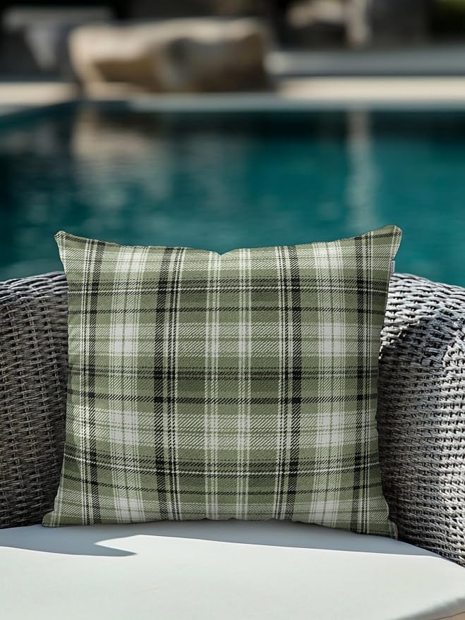 Waterproof Outdoor Pillow 1 Pack Green Checked Plaid Decorative Throw Pillows Cover & Insert 18x18 Inch Pillowcase Stripes Woven Grid Square Pillows for Couch Sofa Bed Patio Furniture Indoor Outdoor