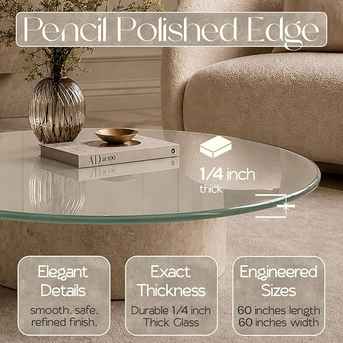 60 inch Round 1/4" Thick Pencil Polished Edge Glass Table Top with 6 Bumpers - Tempered, Scratch Resistant & Safety Replacement Glass Designed for Dining, Coffee, Patio & End Tables