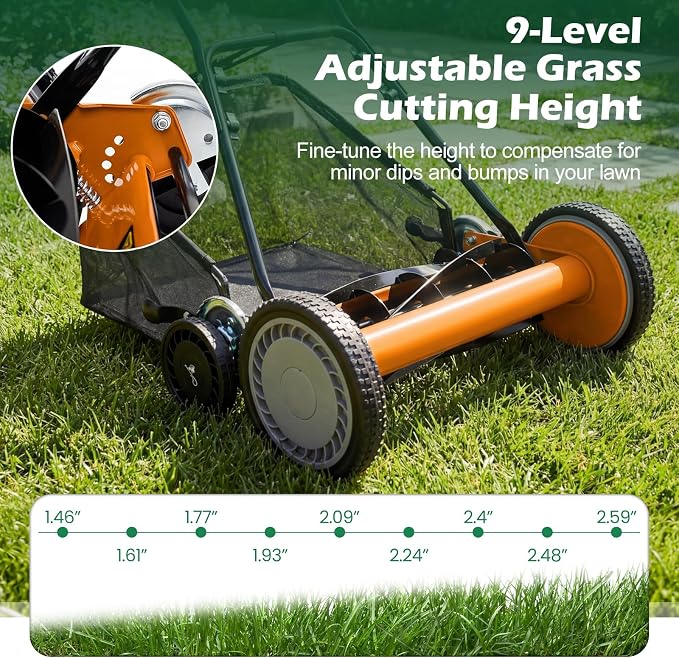 Push Reel Lawn Mower, Cordless 18" Manganese Steel Manual Grass Cutter with 5-Blade, Removable Grass Catcher, 9 Cutting Heights, Walk-Behind Lawn Mower for Garden Farm Yard (Orange)