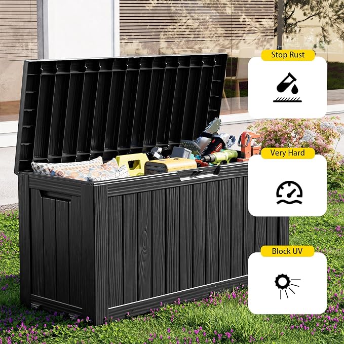 PatioZen 75 Gallon Large Deck Box,Resin Outdoor Storage Box with Lockable for Patio Furniture, Pool Accessories, Garden Tools Waterproof Outside Storage Box, Black