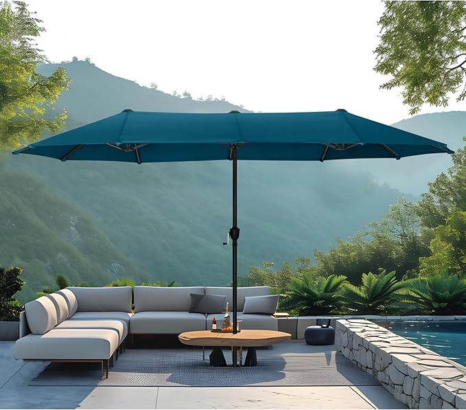 MFSTUDIO 13ft Outdoor Patio Umbrella, Double Sided Large Rectangular Umbrella Market Table Twin Triple Rectangle Umbrellas with Crank Handle for Outside Picnic Backyard Deck Pool (no base)