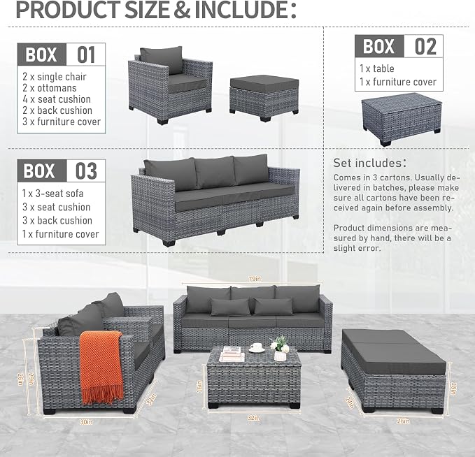 Lviden 6 Pieces Wicker Patio Furniture Sets Outdoor Conversation Set HDPE Rattan Sectional Sofa Couch with Storage Table and Non-Slip Cushions, Light Grey