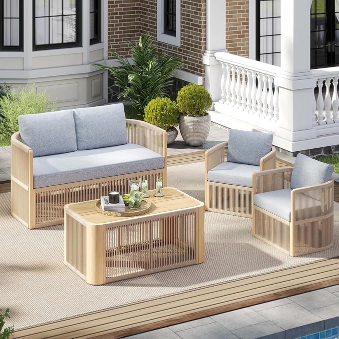 2-Seater Rope Sofa Set with Table, Outdoor Loveseat Patio Rope Chairs Set of 2, Rope Patio Furniture Set, Outdoor Deck Chair with Cushions, Aluminum Outdoor Sofa Sets in All Weather, Grey