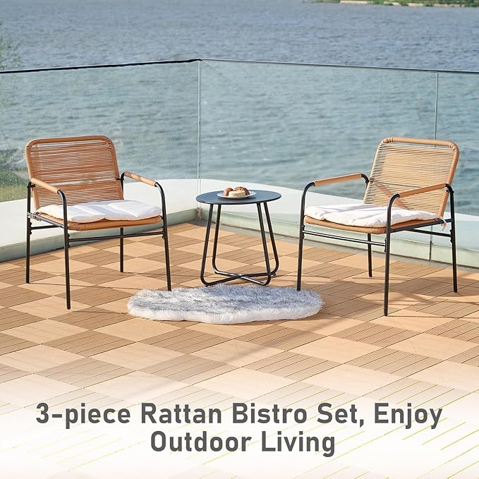 3-Piece Outdoor Wicker Patio Bistro Set, All-Weather Rattan Conversation Set, Patio Furniture Set with with Table & Cushions for Deck, Balcony, Poolside, Porch and Yard, Beige