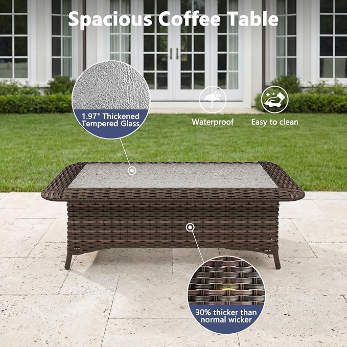 Outdoor Patio Furniture Set,7 Pieces 7 Seats Outdoor Sectional Furniture All Weather Thick PE Rattan Wicker Patio Conversation Set with Ottoman & Coffee Table,Swivel Rocking Chairs Set,Sand