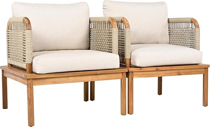 Merax MP2 Set of 2 Outdoor Club Chairs, Acacia Wood & Rope Weave with Water-Repellent Cushions, Patio Conversation Chairs for Garden & Balcony