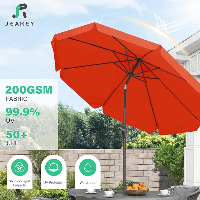 JEAREY 9 FT Patio Umbrella Outdoor, Table Umbrellas Market Umbrella w/Push Button Tilt/Crank, 8 Sturdy Ribs(Orange)