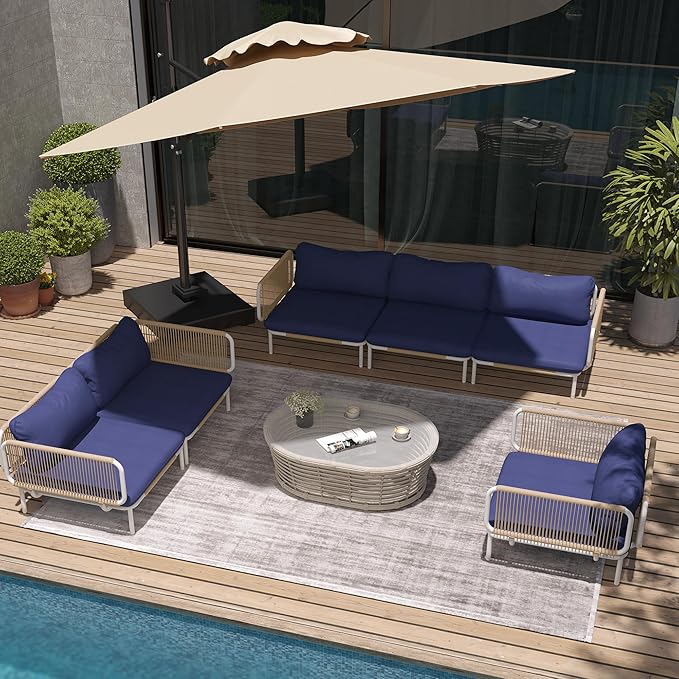 Patio Furniture Set, Outdoor Patio Furniture Oversized Metal Patio Sectional Sofa, 6-Seat Conversation Set with Cushion for Indoor and Outdoor, White Frame and Blue Mat