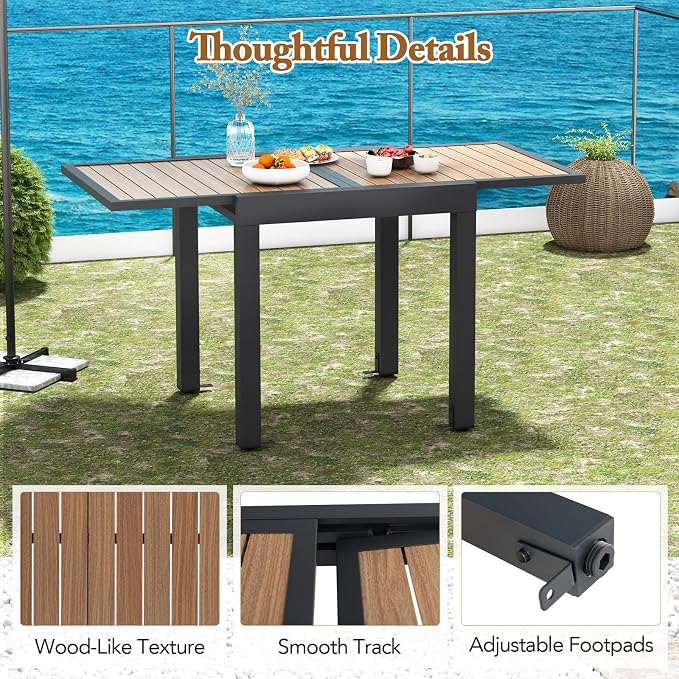 Tangkula 31.5"-63" Extendable Patio Dining Table, Aluminum Outdoor Dining Table for 4-6 People, L-Shaped Brace Included for Fixation, Space-Saving Expandable Table for Garden, Porch, Yard, Poolside