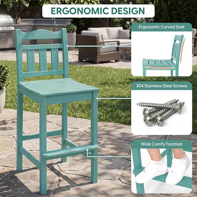 Outdoor Bar Stools Set of 4, HDPE Adirondack Bar Chairs with Backs, All-Weather High Top Patio Chairs, Heavy Duty Armless Bar Height Chair for Balcony, Garden, Deck (Aruba Blue, 4pcs Set)