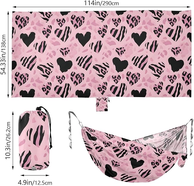 Camping Hammock Outdoor Hammocks for Outside Pink Heart-Shaped Leopard Beach Trees Portable Lightweight with Pockets Tree Straps Indoor