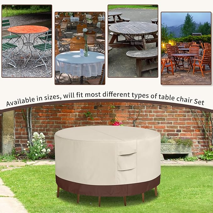 Round Patio Furniture Cover 60 Inch Waterproof, Heavy Duty UV Protection Outdoor Chair Covers for All Seasons, Durable Weatherproof Patio Table Covers with Tie (Beige & Brown，96" DIAx28 H)