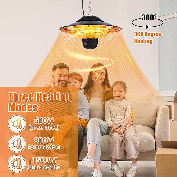 Glooglitter 1500w Ceiling Mounted Outdoor Heaters Electric Hanging Infrared Patio Heater with Remote Control, Dust Cover and Adjustable Chain, 3 Adjustable Modes for Garage, Gazebo, Balcony, Courtyard