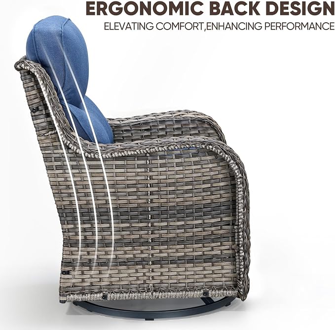 Swivel Patio Chairs sofa Set of 8 with 6" Thick Cushion - Wicker Outdoor Swivel Rocker Patio Chair ,Sofa/Glass coffee table, High Back Comfortable Outdoor Glider Chairs - Gery Wicker | Blue Cushions