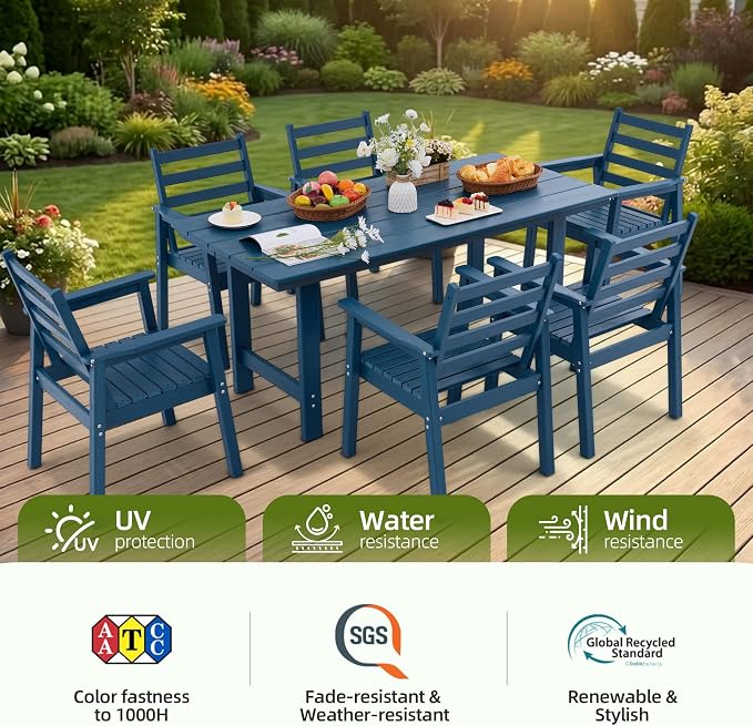12-Piece Outdoor Dining Set, All-Weather HDPE Patio Furniture, Two 66.5" Slatted Table with 1.6" Umbrella Hole & 10 Ergonomic Armchairs, Heavy Duty 350lbs Capacity, UV Resistant, Blue