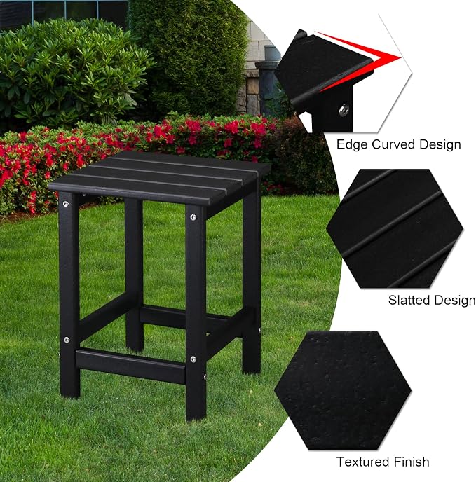 14“ HDPE Adirondack Weather Resistant Square Side Table for Patio, Backyard, Pool, Indoor, Beach Use, Easy Maintenance (Square, Black)