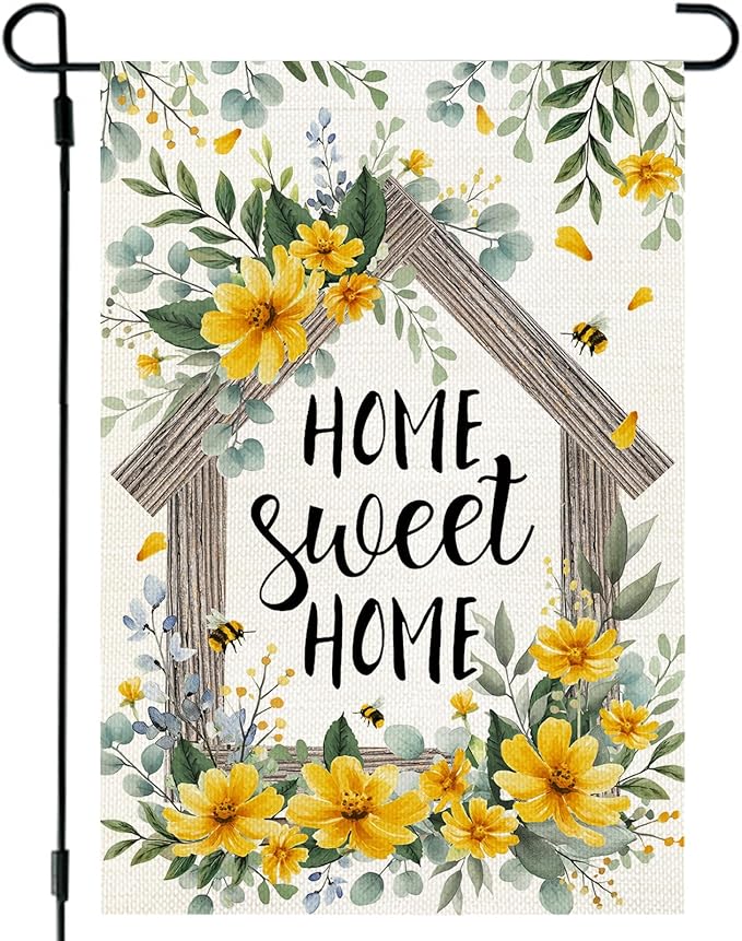 CROWNED BEAUTY Spring Home Sweet Home Garden Flag Eucalyptus Yellow Wildflowers Welcome 12x18 Inch Double Sided Small Floral Seasonal Holiday Decoration for Outdoor Lawn Yard