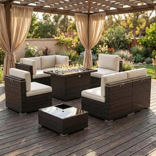 8 Pieces Patio Furniture Set with 44" Propane Gas Fire Pit Table, Outdoor Sectional Brown Rattan Wicker Conversation Sofa Sets with Coffee Table