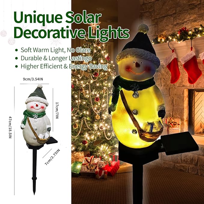 QH & Garden Resin Snowman Solar Lights Outdoor Waterproof - Christmas Garden Stake Lights for Outdoor Christmas Decorations, Snowman Stake Landscape Lamp for Patio Yard