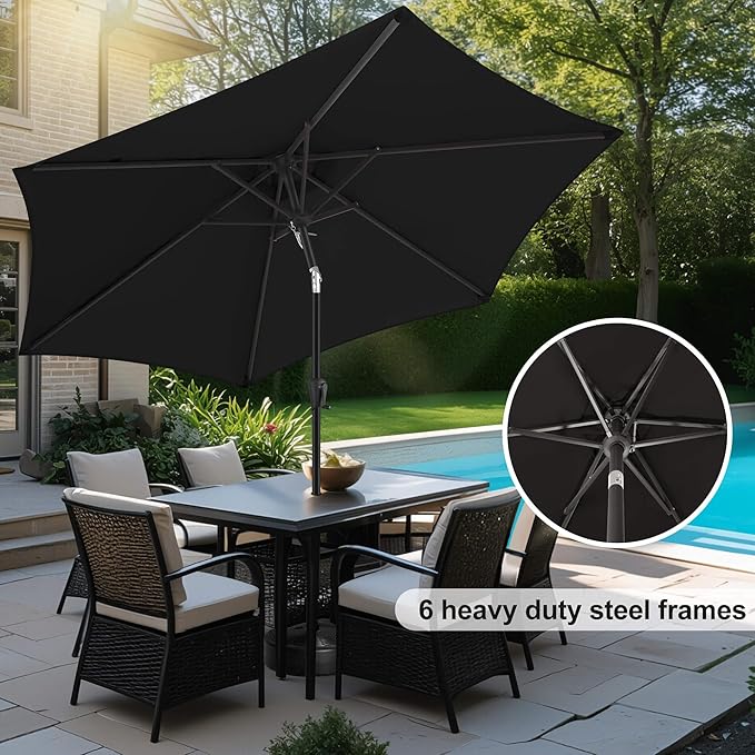 FLAME&SHADE 10ft Patio Umbrella - Outdoor Umbrella with 6 Sturdy Ribs, Push Button Tilt and Crank, UV Protection Table Market Umbrella for Pool, Porch，Garden, Deck, Backyard(Black)