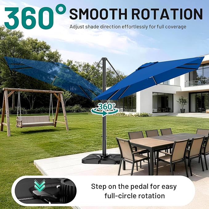 AreShark 10 X 10 FT Cantilever Patio Umbrella, 360-Degree Rotation Round Hanging Offset Umbrella with Crank, Heavy Duty Patio Umbrella for Patio, Pool, Garden, Deck, Royal Blue