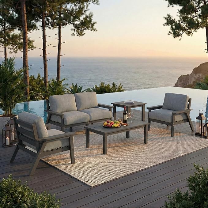 HDPE 6 Piece Patio Furniture Set, Outdoor Couch with Washable Thick Gray Cushions & Coffee Table & Side Table, Outdoor Sectional Furniture for Backyard, Deck, Lawn, Porch (Gray Frame)