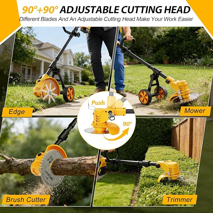 Electric Weed Wacker Cordless, Electric String Trimmer with 3 Types Blades & Removable Auxiliary Wheels, Brush Cutter & Grass Trimmer & Lawn Edger with for Garden Yard