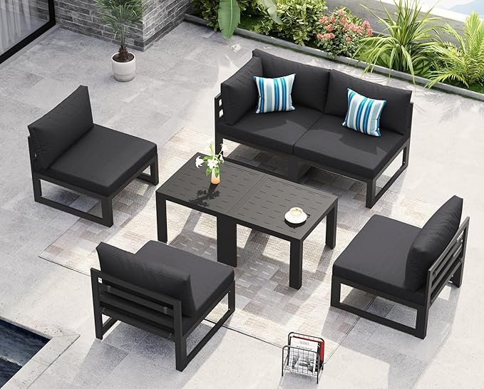 NICESOUL 5 Person Luxury Aluminum Outdoor Sectional Sofa with Side Table, Large L Shaped Patio Furniture Set, 29" Deep Wide Seating, 500 lbs Heavy Duty Conversation Set for Backyard Garden, Dark Gray