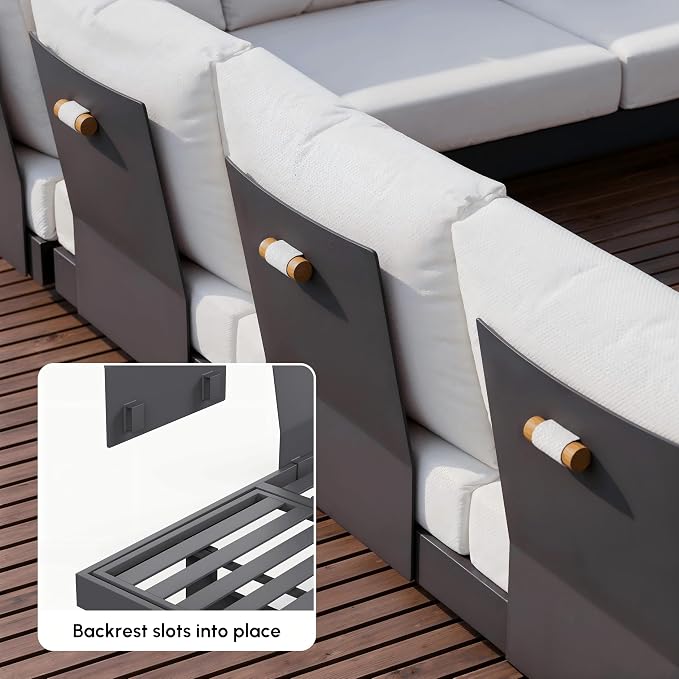 homary 6 Piece Aluminum & Teak Outdoor Sofa Set, Patio Sofa Seat L-Shaped Outdoor Sectional Sofa Set with Adjustable Backrests, Waterproof, Fade Resistant Cushions Ideal for Patios & Balconies,Beige