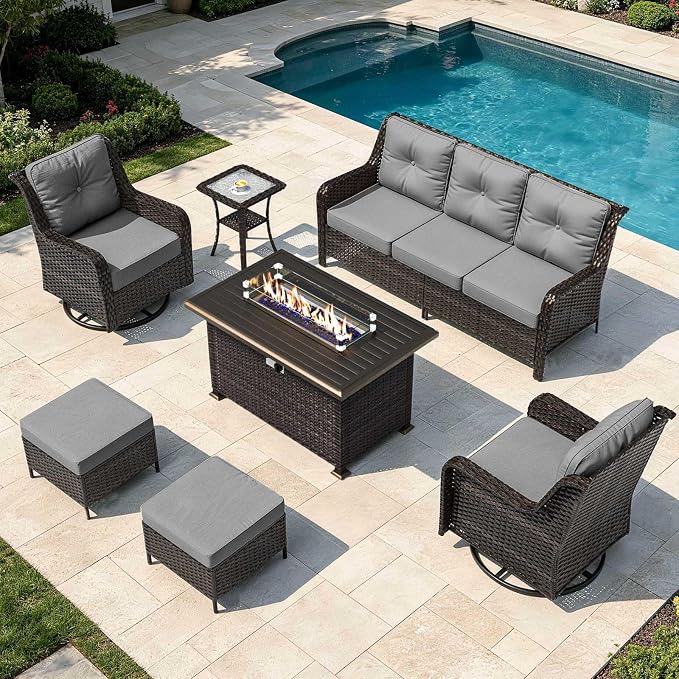 7-Piece Patio Furniture Set, Thick Wicker Outdoor Furniture Set with 2 Swivel Chairs, Outdoor Sectional Sofa Couch with Fire Pit Table, Patio Conversation Set for Backyard, Porch, Deck, Grey