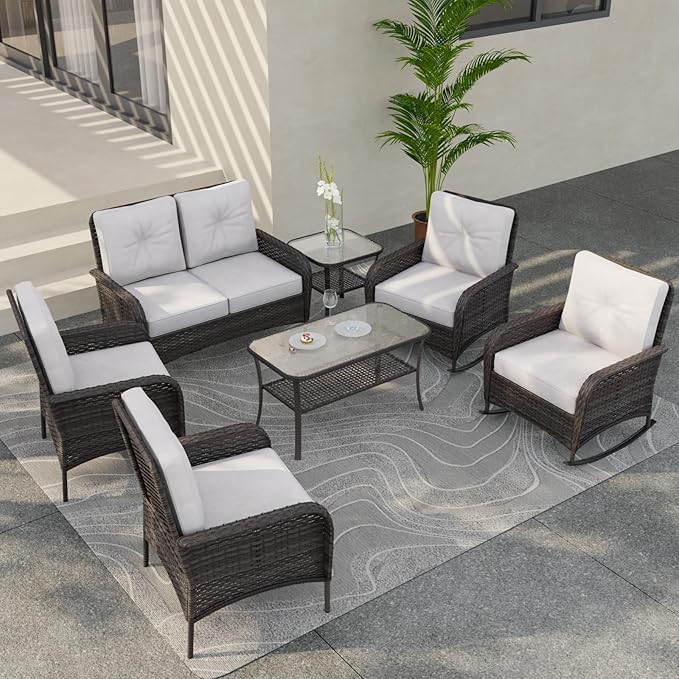 COOS BAY Vintage Courtyard Patio Furniture Set, Wicker Outdoor Furniture, Patio Conversation Sets, 2 Chairs, 2 Rocking Chairs, Loveseat, Coffee Table and Side Table, 7 Pieces, Gray/Beige