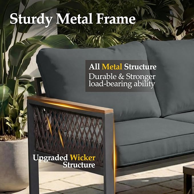 UPHA 6 Pieces Patio Furniture Set with 56" Propane Gas Fire Pit Table, Metal Outdoor Sectional Couch Set with 3-Seat Sofa, Modern Patio Conversation Set for Porch Balcony Deck, 5 Seats, Gray