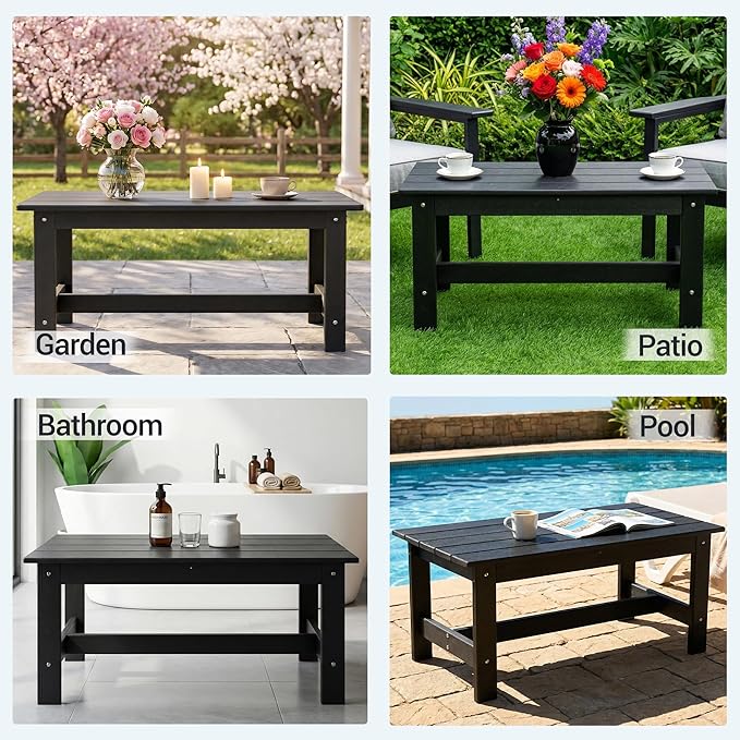 HDPE Outdoor Coffee Table, Rectangle Patio Coffee Table, All-Weather Side Table for Balcony, Poolside, Deck, Garden, Black, 37.7''L x 20.8''D x 17.7''H