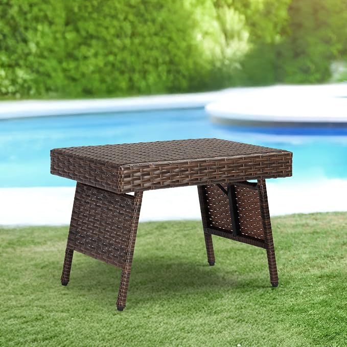 23.6" Rectangular Patio Side Table,Small Folding Wicker End Tables,All-Weather Rattan Coffee Table,Bistro Dining Tables,with Steel Frame,for Lawn Garden Backyard Deck Porch Poolside Balcony (Brown)