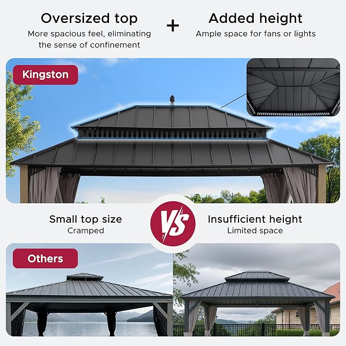 SUNJOY Kingston 16' x 12' Hardtop Wood Gazebo with Galvanized Steel Double Roof, Curtain and Netting, Cedar Posts Permanent Pavilion Gazebo for Garden, Patio, Deck, Lawn