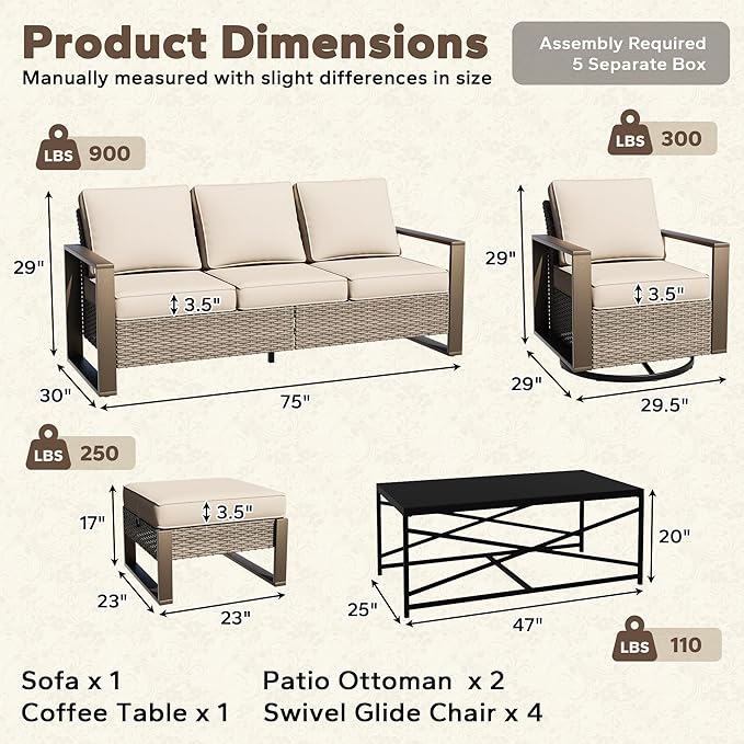 8 Pieces Metal Wicker Patio Furniture Set - 75" Sofa, Four Swivel Chairs and Two Ottomans, One Coffee Table All Weather Rattan Outdoor Conversation Furniture with Washable Cushion for Deck, Beige