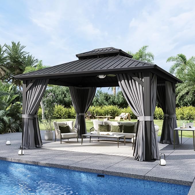 Aoxun 12x14 Hardtop Gazebo, Aluminum Frame Outdoor Gazebo with Double Galvanized Steel Roof, Large Patio Pavilion with Netting and Curtains, Backyard Gazebo for Patio Deck Garden