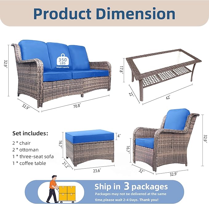 6 Piece Wicker Patio Furniture Set, High Back Chairs with Extra Thick Cushions, Outdoor Deep Seating Conversation Sets with Coffee Table & Ottomans for Deck Yard and Poolside, Blue