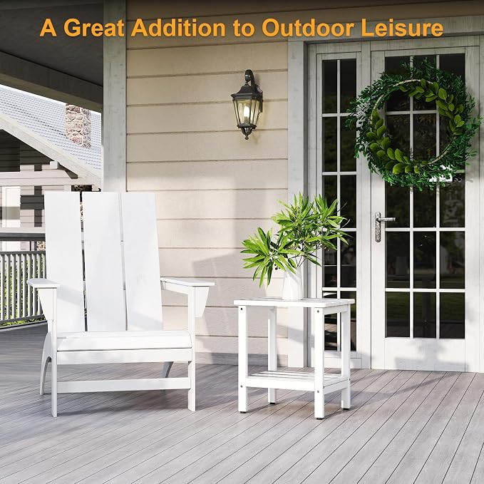 Outdoor Side Table, Small Square Patio Side Table with Adjustable Feet, All-Weather HDPE Adirondack End Tables for Porch Deck Balcony Pool, 2-Tier Storage, Easy Maintenance, White