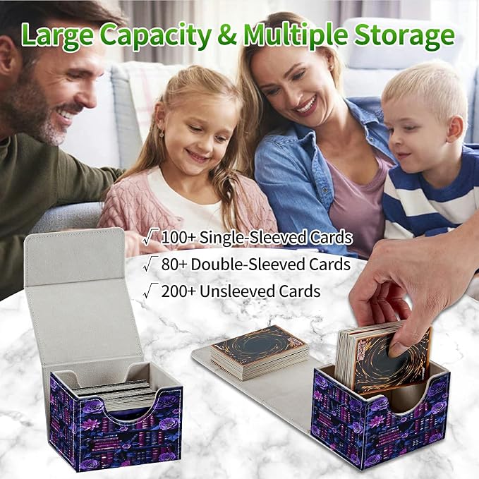Card Deck Box for MTG, Cards Storage Box Fits 120+ Sleeved, Leather Small Size Strong Magnetic Closing Card Case for Board Games Magic TCG CCG Baseball Collection, Purple Flower Books