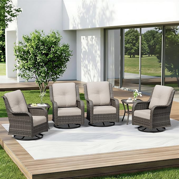 6 Piece Outdoor Wicker Patio Furniture Set, Outdoor Swivel Rocker Patio Chairs Set with Thickened Olefin Cushions, High Back and Deep Seating, Hand-Woven PE Rattan for Porch, Deck