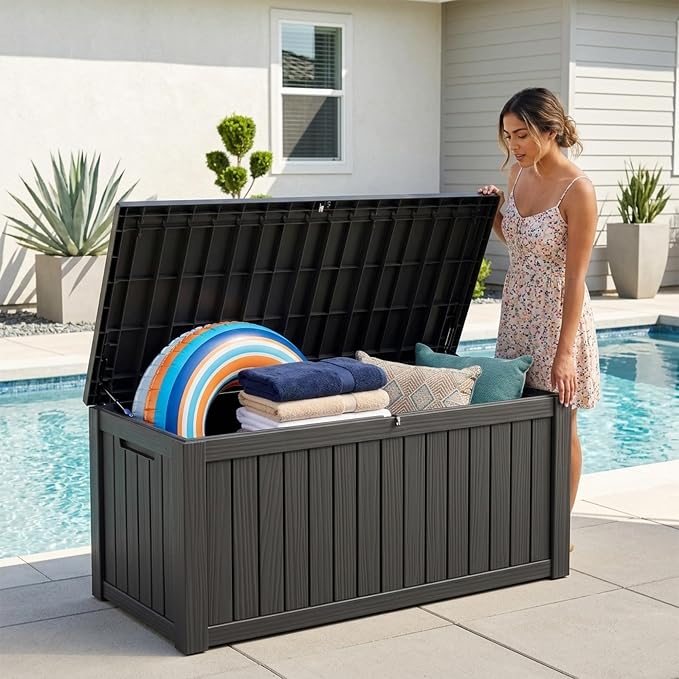 Outdoor Storage Box, 150 Gallon Waterproof Deck Box [Upgraded 3.0], Piston-Assisted Resin Trunk for Sectional Sofa Cushions, High-Capacity Lockable Double Storage Bench, Patio Lounge, Black